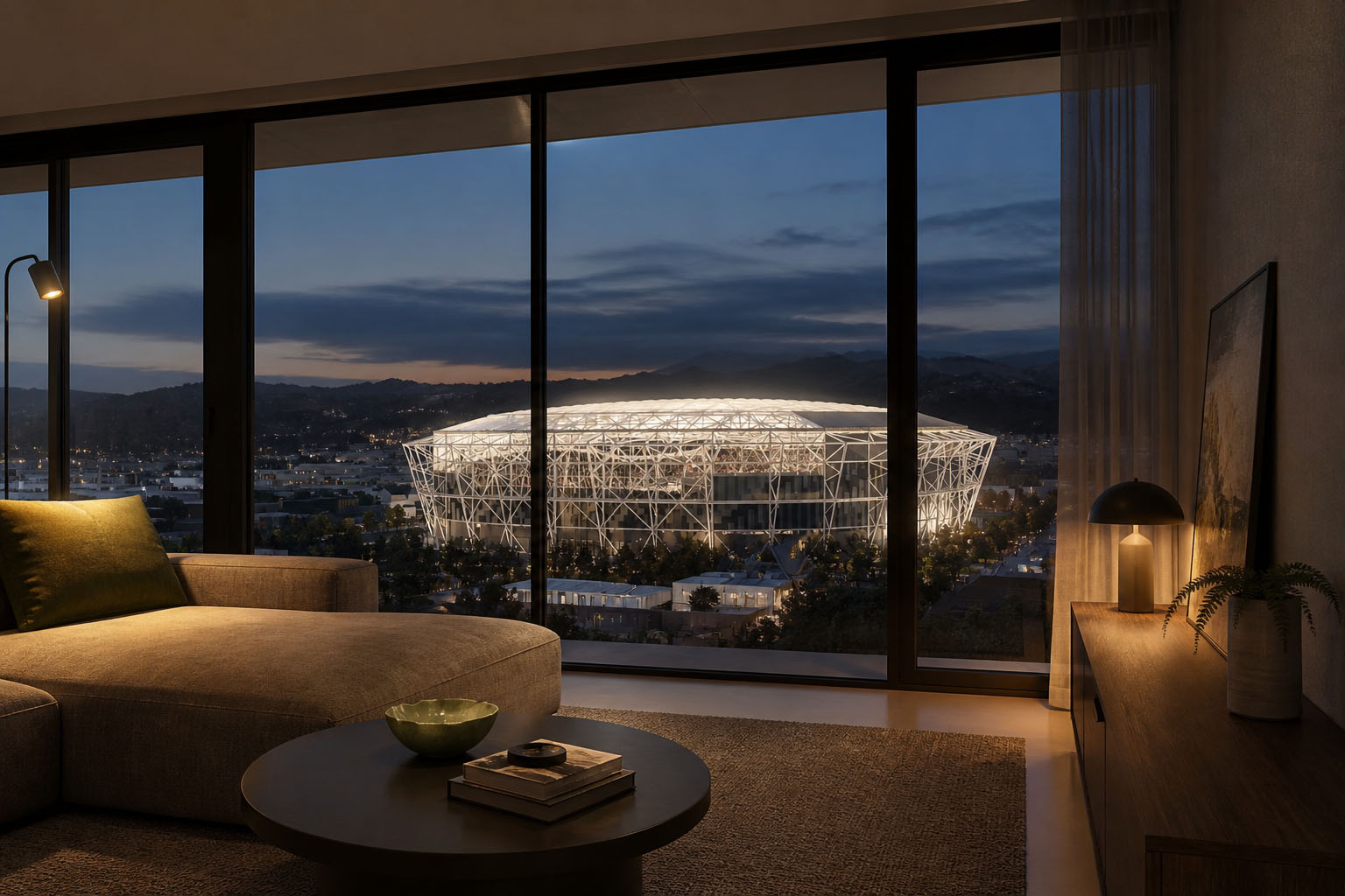 Christchurch holiday home with the city skyline and the lit stadium visible at dusk through a floor-to-ceiling window
